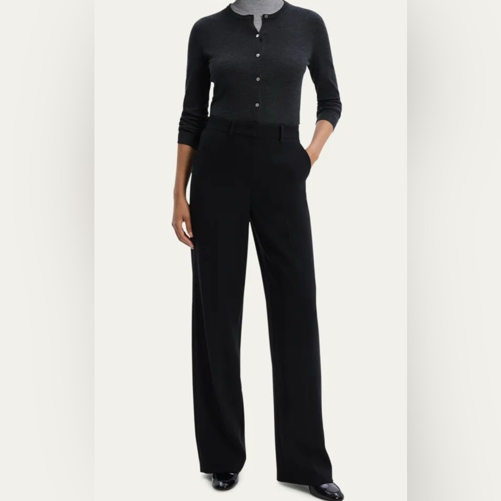 Theory Relaxed Straight Pant Full Length Admiral Crepe Black Trousers Tailored